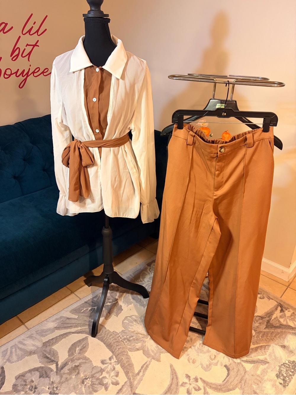 SHEIN Neutral Two Piece Set Large Colorblock Blouse Wide Leg Pants